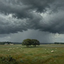 artwork of the cinematic view of a landscape of normandy by rene magritte, de - noise, stormy weather, thundery weather, couple of groves, sheep pasture, landscape view, wallpaper