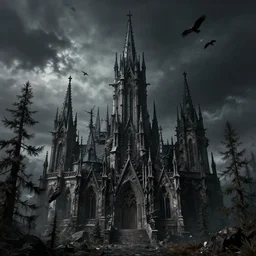 dark gothic palace, gothic palace made, GOTHIC PALACE! of rock with tall spires, bristlecone pine trees, ultrawide cinematic 3d render, dark dramatic skies, atmospheric, vultures