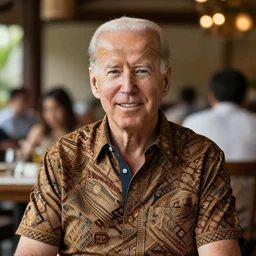 A Photo Portrait of Joe Biden Wearing Indonesian Batik Tulis at a fancy Balinese restaurant, award winning photography, sigma 85mm Lens F/1.4, blurred background, perfect faces
