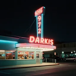 street view in america of market district at night, diner neon sign, from 1 9 7 2, retro futurism on film