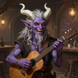 tiefling bard with white horns on his head, purple skin, red glowing eyes, he is playing a happy song. the background is a friendly tavern. dungeons and dragons, highly detailed, digital painting, artstation, concept art, sharp focus, illustration, art by Leonardo da Vinci and Michelangelo and Botticelli