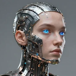 a portrait of a human with half skin half cybernetic circuit boards, scifi, smooth, intricate sci fi panels made of metal, metal covered in chipped paint, military symbols on metal, elegant, highly detailed panel cuts, greeble detail, beveled edges, chamfer, caustics and refraction, neon glowing eyes, digital painting, artstation, concept art, high tech fantasy, sharp focus, illustration, art by marco plouffe arstation and guerilla games