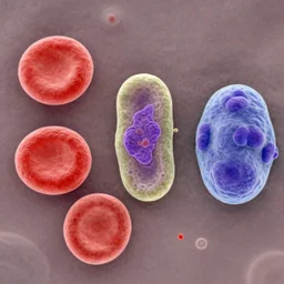 scanning electron micrograph of a red blood cell ( left ), a platelet ( center ), and a t lymphocyte ( right ) ; colorized