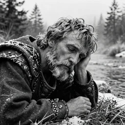 1 9 6 0 s movie still close up of marcus aurelius tired frozen to death by the side of a river in emperor clothes, grass, snowy, pine forests, cinestill 8 0 0 t 3 5 mm b & w, high quality, heavy grain, high detail, texture, dramatic light, anamorphic, hyperrealistic, detailed hair, foggy