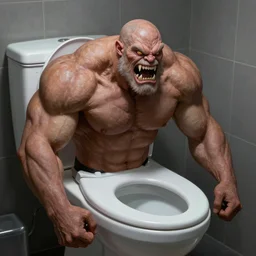 muscular toilet  bowl monster with sharp teeth,  digital artstation painting 8k intricate dramatic light