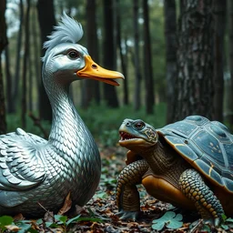 a chrome - plated duck with a golden beak arguing with an angry turtle in a forest