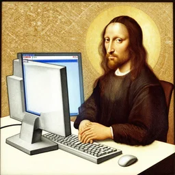 A da Vinci illustration of a computer with monitor running DOS