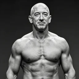 jeff bezos, extremely muscular, black and white photograph