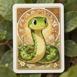 cute snake trading card design, natural lighting, path traced, highly detailed, high quality, digital painting, by don bluth and ross tran and studio ghibli and alphonse mucha, artgerm
