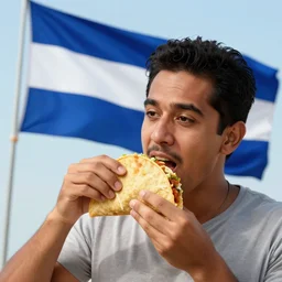 epic masterpiece of cinematographic hyperrealism where a mexican appears eating a taco in the background you can see the raised blue flag and a horizontal white stripe in the horizontal center. realistic shaded lighting poster by craig mallismo, artgerm, jeremy lipkin and michael garmash, unreal engine, radiant light, detailed and intricate environment, digital art, art station trends