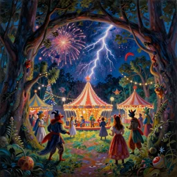 closeup of a night carnival inside a tree cavity in a magical forest in the middle of a summer storm, with a music scenario with many fireworks and christmas lights, volumetric lightning, instense god rays in the sky, folklore people disguised with fantastic creatures in a magical forest by summer night, masterpiece painted by pierre puvis de chavannes, very coherent and colorful high contrast masterpiece,