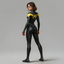 full body character turnaround of a woman in an orb weaver inspired outfit, spider web textured suit, character sheet, spiderwoman!!!!!, john singer sargent, good value control, highly detailed portrait, digital painting, concept art, running shoes, sharp focus, smooth, illustration, 8 k, octane render, black undersuit, black primary color with yellow secondary color