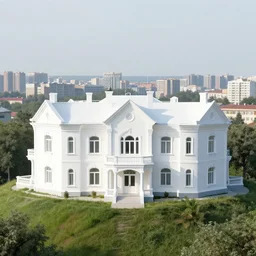 white mansion on a hill, with postsoviet city in the background