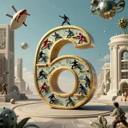 huge bold beautiful number 6 in the middle of the screen!!!! 6 is made of ninja warrior competition obstacles , hyper-realistic, ultradetails, intricate by mc esher and René Magritte