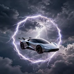 futuristic flying car circumscribed by a circle made of lightning in storm clouds, 300mm dramatic photo
