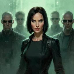 battle hardened, overpowering, pragmatic, charismatic female character from the matrix, face centered portrait, confident, surrounded by clones of agent smith, fog, volumetric lighting, illustration, perfectly shaded, greenish tinge, cold lights soft painting, art by krenz cushart and wenjun lin