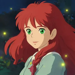 sharp, intricate fine details, breathtaking, digital art portrait of a red haired girl with long hair and green eyes softly smiling in a dreamy, mesmerizing scenery with fireflies, art by studio ghibli
