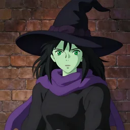 green female witch wearing a purple scarf, jet black hair, bright green eyes and pale greenish skin, simple black dress and black witch hat, detailed perfect face, mid view, design on a brick background, by studio muti, greg rutkowski makoto shinkai takashi takeuchi studio ghibli
