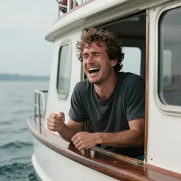 a man sneaking onto a boat, laughing, shaking, crying