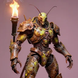 airbrush macro insect viscera as god, carapace rust crapped dystopic armor, chris foss, enric torres, alberto bontempi, feng zu hyper realism, narrative light, puce lime colors, epic, hyper detailed, awe inspiring, award winning horror, torch lighting, hyper realism, cinematical