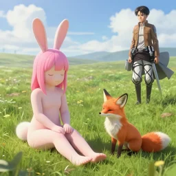 🐇👧🏽💞🦊👧🏻 sitting on field, made by ilya kuvshinov, made in abyss and artgem lau, inspired in made in abyss, attack on titan and balthus, anatomically correct, smooth, gelbooru, pixiv, unreal engine, realistic