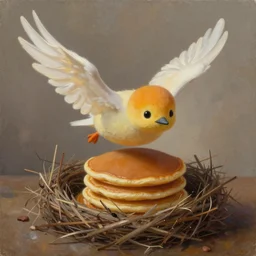 a cartoon anthropomorphic pancake leaving the nest to fly for the first time, oil on canvas, portrait, intricate, 8k highly professionally detailed, HDR, CGsociety