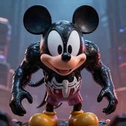 Mickey Mouse cast as Venom, still from Venom movie, hyperrealistic, 8k, Octane Render,