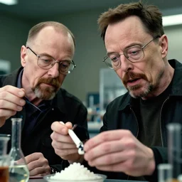 a still from breaking bad of elon musk and walter white cooking meth in a laboratory, 8k, close-up, detailed faces