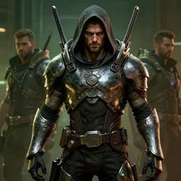 cyberpunk 2 0 7 7, charismatic rugged male battle ted danson - mage portrait, clothed in hooded, metal - plated battle armor atmospheric lighting painted intricate volumetric lighting, beautiful, sharp focus, ultra detailed by leesha hannigan, ross tran, thierry doizon, kai carpenter, ignacio fernandez rios