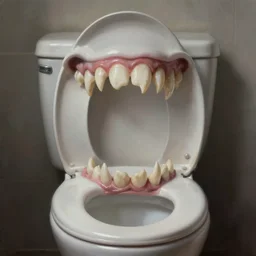 close up portrait of  toilet as monster with sharp teeth,  digital artstation painting 8k intricate dramatic light