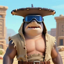 full - face close - up portrait, muscular street shark hammerhead shark wearing a tattered cloth robe and goggles by bruce brenneise and peter mohrbacher, ancient ruins in the background, 3 d render, neosurrealism. digital concept art, pixel art, rendered in octane, trending on cgsociety, trending on artstation