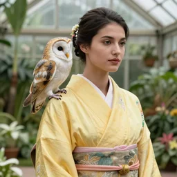 film still of an elegant top model wearing a yellow kimono with a very detailed barn owl on her shoulder!!! in a tropical greenhouse. looking at the camera!!. super resolution. 85 mm f1.8 lens.bokeh. graflex. art by Alessio albi and ashley wood and Edmund Blair Leighton and John Singer Sargent!  -