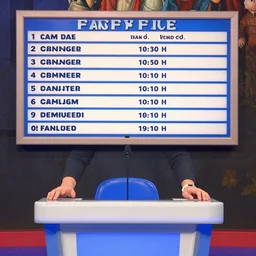 an episode of family feud, hands on faceoff podium, answer board overhead, painted by jan van eyck,