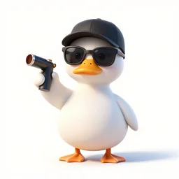 a cool duck wearing sunglasses and a black cap while holding a pepper spray
