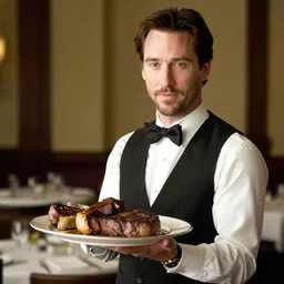 keanu reeves as a waiter holding a plate full of steak