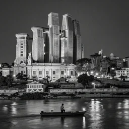 a man on a small boat on a river with high ancient city, b & w, flares, vertical neoclassical architecture, ancient high buildings, vertical classical temples