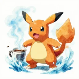 a coffee themed new pokemon. fire water dual type. steamy. watercolor in the style of ken sugomori