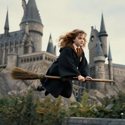Hermione Granger flying in a broomstick over Hogwarts