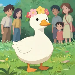 full body shot of a small round pure white duck wearing a flower crown, beautiful outdoors, cel shaded vector art, toon shading, behance, hd by lois van baarle, helen huang, by makoto shinkai and ilya kuvshinov, rossdraws, disney animation still