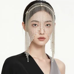 a female character design wearing high fashion, beads hanging over her face like an alexander mcqueen headdress, haute couture, dior, and a red cape by kawase hasui, moebius, edward hopper and james gilleard, zdzislaw beksinski, steven outram colorful flat surreal design, hd, 8 k, artstation, high quality, ultra detailed