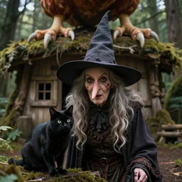 a fabulous old witch with a cunning face, a long nose and a wart on it. there is a black cat nearby. the background of huge chicken paws on top is a hut. fabulous enchanting dense forest around. very clear image. hyperrealistic.