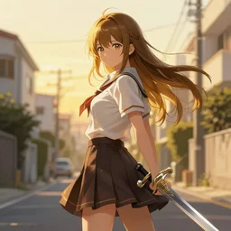 the chosen hero with her sword, detailed, beautiful, golden hour, tokyo suburbs, digital art, artstation