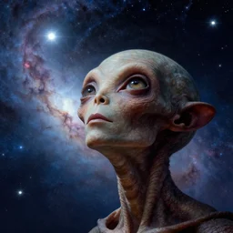 close - up portrait of a pensive alien looking up towards the sky, wondering about other intelligence, stars and bright nebula, chesley bonestell, lucien rudaux, rolf klep