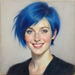 a beautiful painting of a smiling woman with stylish short blue hair representative of the art style of artgerm and wlop and peter mohrbacher