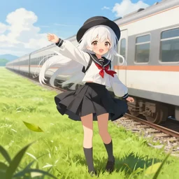 a cute anime girl with long white hair and a round hat wearing a black and white school uniform with a red ribbon extending her arm out as she stands on the edge of a moving train in the middle of grass fields on a windy and sunny day making leaves float around her, highly detailed, trending on artstation, intricate, digital painting