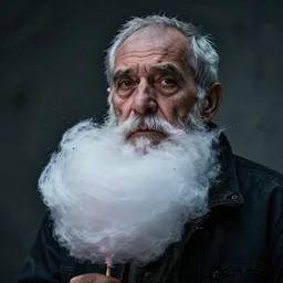 a dramatic photo of an old man with cotton candy beard. paint splashes. moody and melancholy.