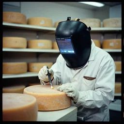 welder in welding mask in a cheese shop, by richard avedon, tri - x pan stock
