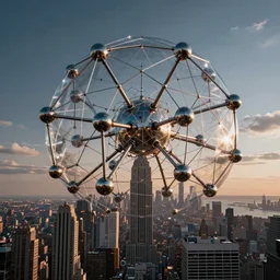 Geodesic dome of nanobots expanding, New York City, Technological Singularity photograph