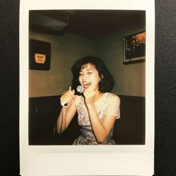 a polaroid photograph taken by nobuyoshi araki of a young woman with an ecstatic smile singing passionately in a karaoke bar in tokyo 1 9 7 8