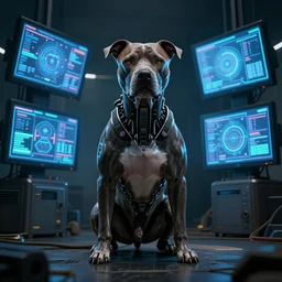 cyborg - pitbull, surrounded by screens, in 2 0 5 5, y 2 k cybercore, industrial low - light photography, still from a ridley scott movie